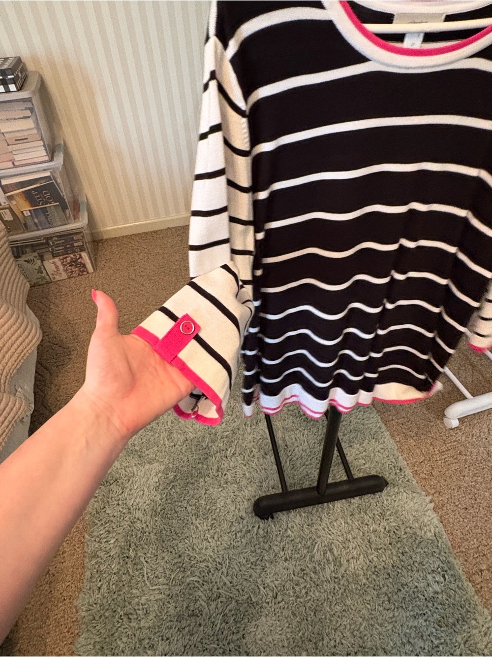 CJ Banks Black and White Striped Top with Pink Trim - Picture 4 of 5